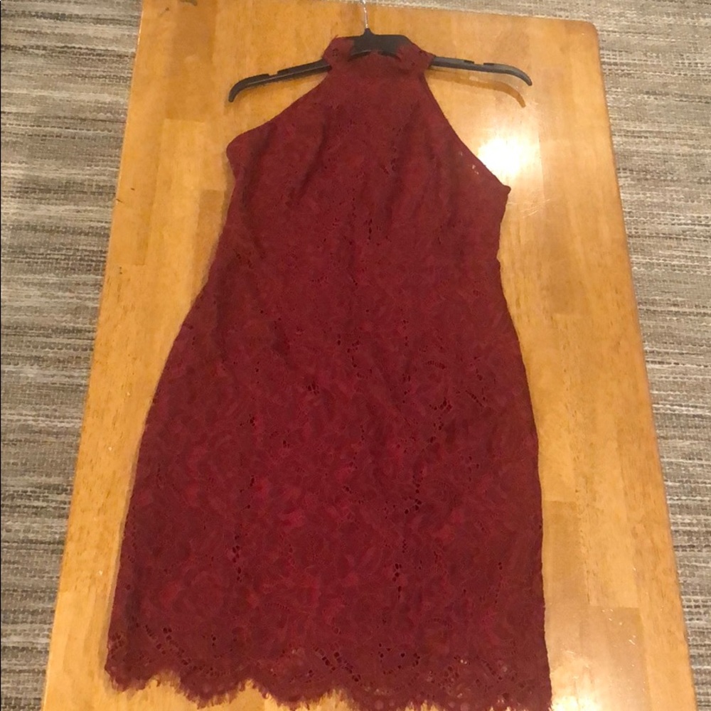 high neck maroon lace overlay dress